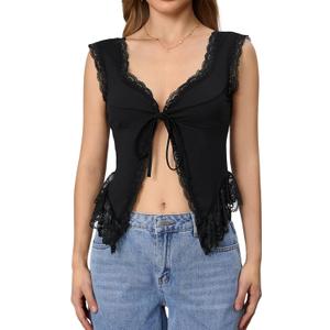 Milumia Women's Lace Trim Open Tie Front Tops Y2k Sleeveless Deep V Neck Going Out Tops (All Black)