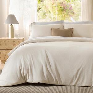 Bedsure Textured Duvet Cover Queen Size - Cotton-Like Polyester Jacquard Duvet Cover Set for All Seasons - 3 Pieces Elevated Textured Dobby Soft Bedding Set, NO Comforter (Beige, Queen, 90"x 90")