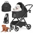 X-5 Luxury Pet Stroller for Medium Dog Up to 55 lbs or 2 Small Dogs Cats, 3-in-1 Detachable Carrier & Car Seat, One-Touch Folding, Adjustable Handle, All-Terrain Wheels (Black)