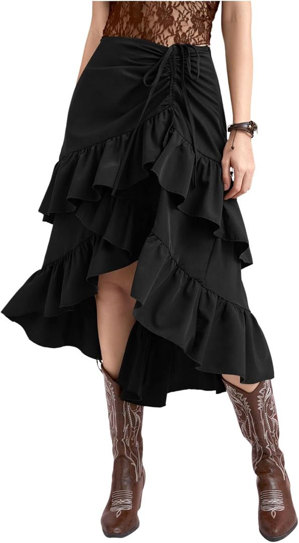 MakeMeChic Women's Western Cowboy Chic Asymmetrical Midi Skirts Ruffle High Low Skirts Boho Flowy Tiered Drawstring Skirts (Large, Black)