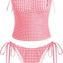 ZAFUL Women's Gingham Ruched Bowknot Decor Cinched Back Tankini Set Tummy Control 2 Piece Bikini Swimsuits (Medium, Red)
