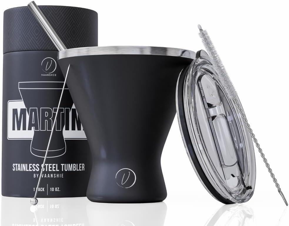 Stainless Steel Martini Glass [Pack of 1]  10oz, Black, Powder Coated, No Sweat, Double Wall Margarita Cup with Lid | Ideal for Valentines Day Gift