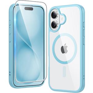 FNTCASE for iPhone 16 Case Clear: Magnetic Phone Cases Compatible with Magsafe Slim Anti Yellowing Military Grade Drop Protection Rugged Protective Transparent Cell Phone Cover (B-Teal Magnetic)