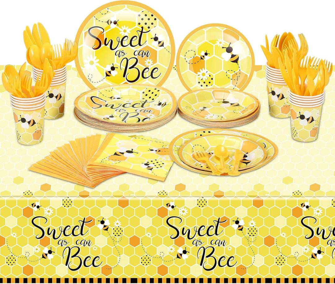 170 Pcs Bee Plates and Napkins Party Supplies Sweet As Can Bee Baby Shower Set Include Tablecloths, Plates, Napkins, Paper Cups, Knife, Fork, Spoon for Baby Shower Birthday Party Supplies, Serves 24