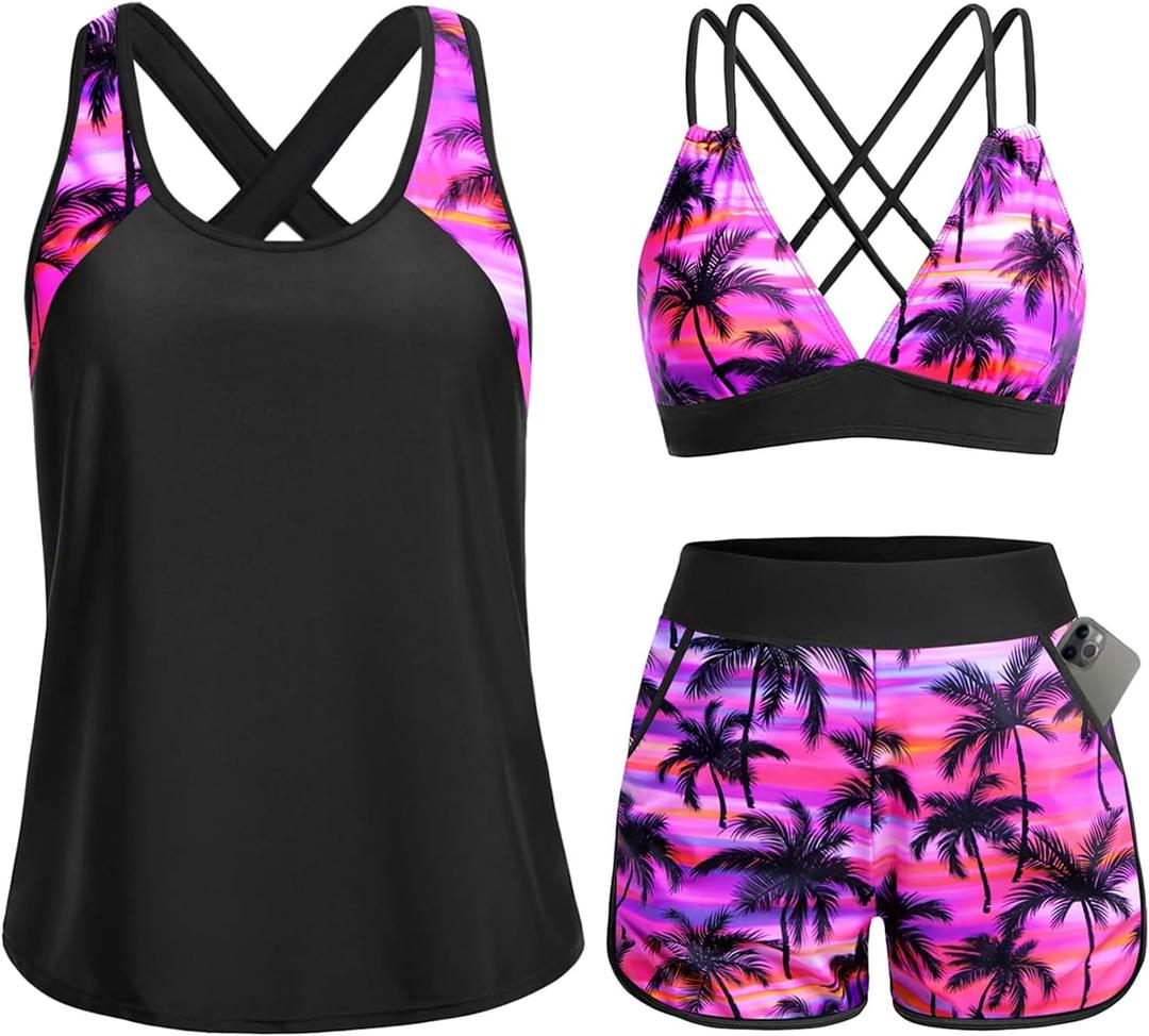 Daci Pink Palm Women 3 Piece Tankini Swimsuits - Tummy Control Tank Top with Bra Modest Bathing Suit with Pockets Boyshorts Bottom 2026 XXL