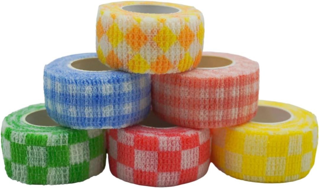 6 Pack Self Adhesive Bandage Wrap Checkered Print Elastic Cohesive Stretchy Sport Grip Tape for Finger Wrist Toe Vet Wraps (1 Inch x 4 yards)
