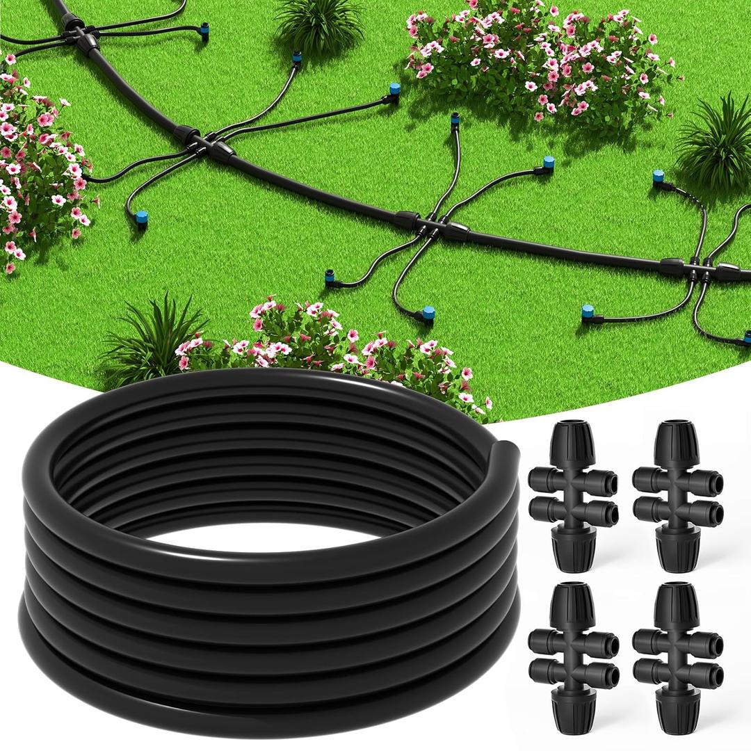 MIXC 50FT 1/2" Irrigation Tubing, 0.7" OD x 0.5“ ID Hose with 4 Connectors | Premium PVC Material, UV Resistant, Flexible Mainline Tubing with Quick 4-Way Connector for Drip Systems/Gardens/Raised Beds