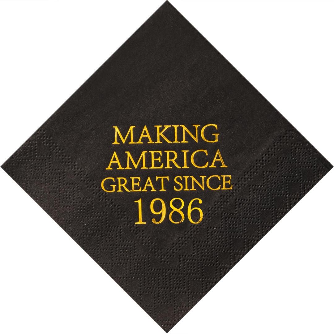 Crisky 40th Birthday Disposable Napkins Black and Gold Dessert Beverage Cocktail Cake Napkins 40th Birthday Decoration Party Supplies for Man, Vintage 1986, 50 Pack 4.9"x4.9" Folded