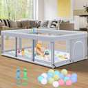 74" 50" Large Baby Playpen, Baby Playard for Babies and Toddlers, PlayPen for Indoor & Outdoor, Sturdy Safety Play Yard with Soft Breathable Mesh, Anti-Fall, Ball x 18, Handle x 2, Grey