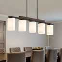 Farmhouse Dining Room Light Fixtures Over Table, Black Pendant Lights for Kitchen Island with Milk Glass Shade, 5 Light Linear Chandelier Lighting with Wood