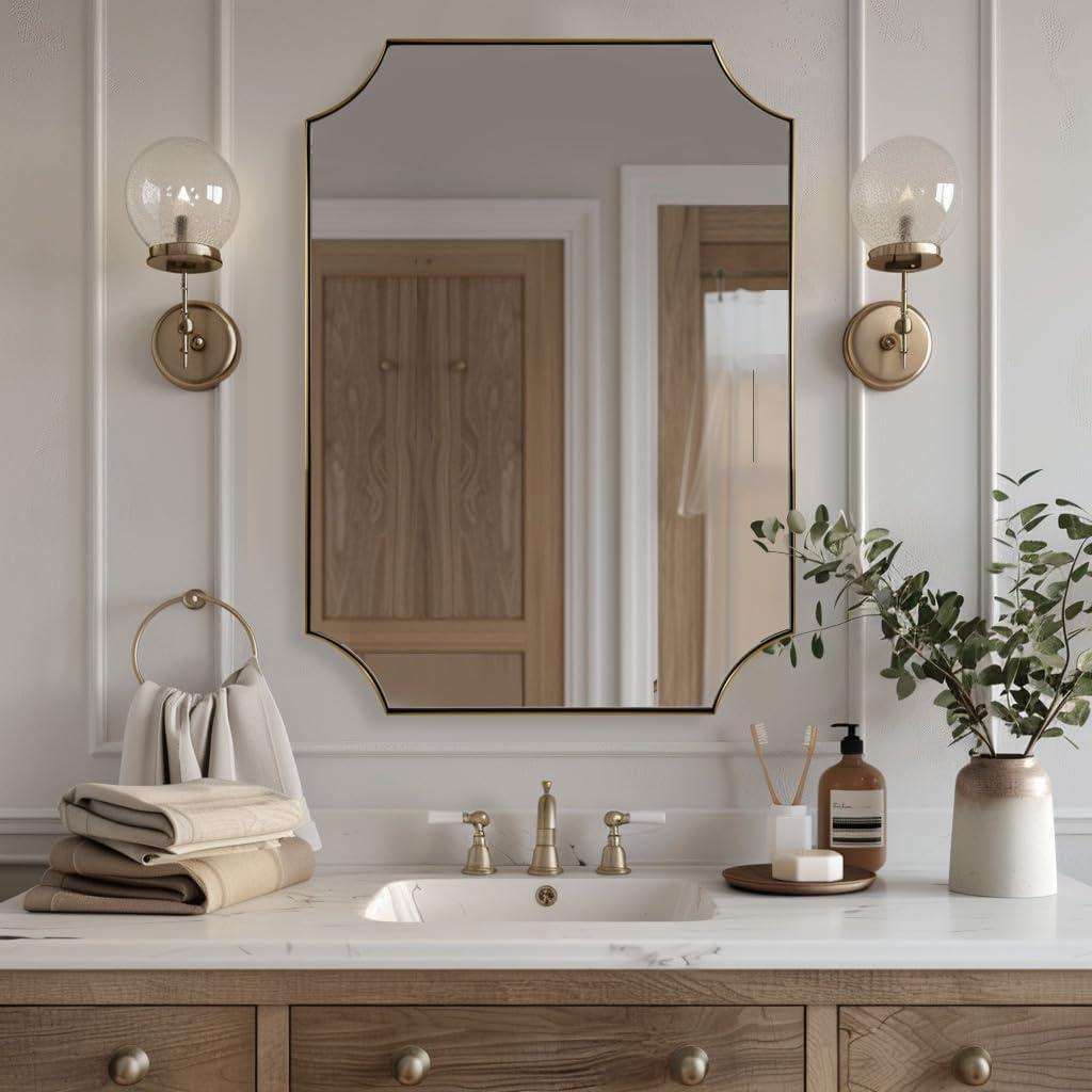 ANDY STAR Brushed Gold Bathroom Mirror, 22x30 Inch Scalloped Rectangle Mirror, Irregular Wall Mirror, Brass Mirror in Stainless Steel Metal Frame for Bathroom, Bedroom, Living Room