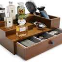 Pine Wood Cologne Stand Organizer for Men, 3 Tier Cologne Display Shelf Organizer with Hidden Compartment and Velvet Lining Drawer, Perfume Display Holder (Brown, 01)