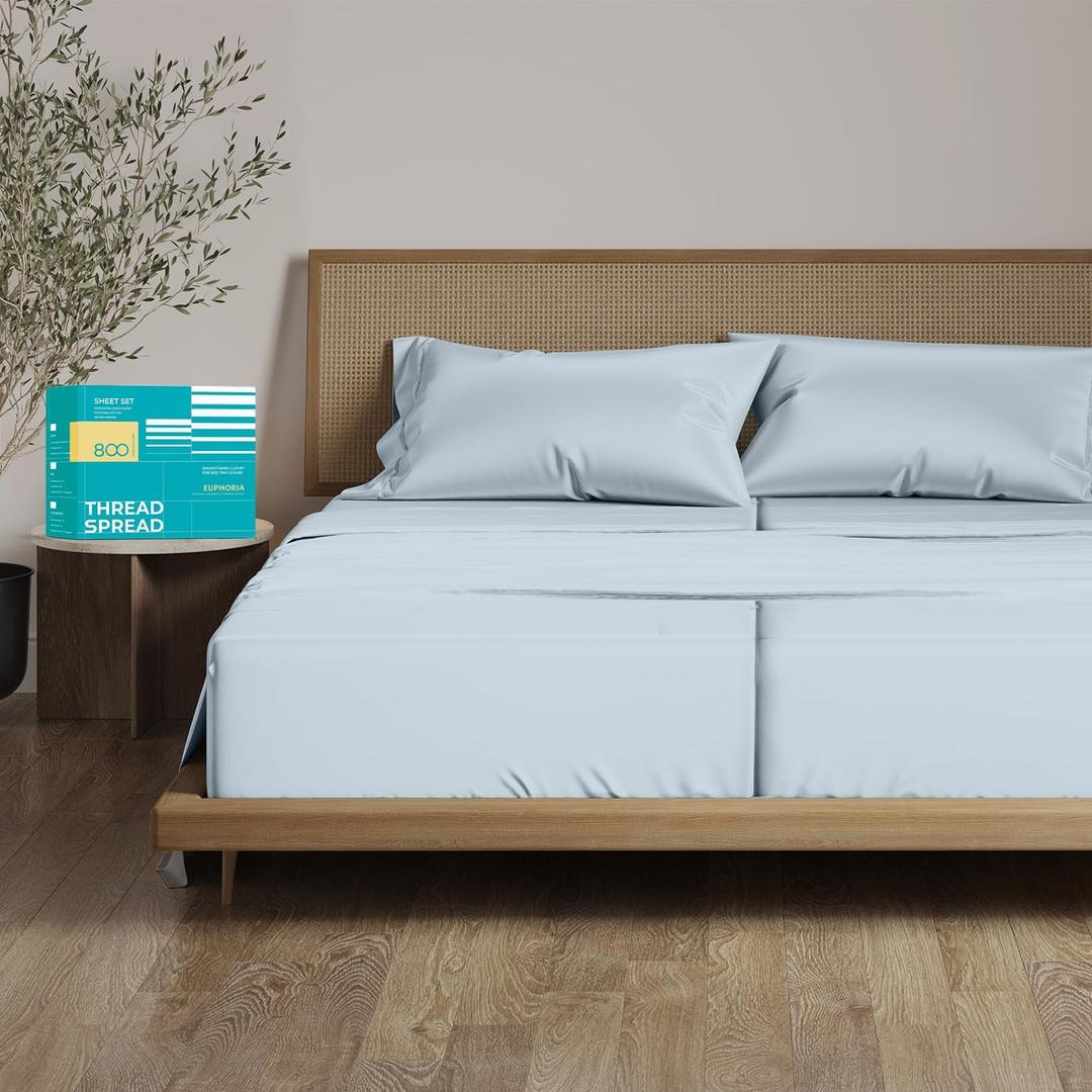 THREAD SPREAD 100% Egyptian Cotton Split King Sheets Sets for Adjustable Bed - Luxury 800 Thread Count 5 PC Split Top King Sheet (Light Blue), Breathable, Soft Cooling 16" Deep Pocket Hotel Sheets