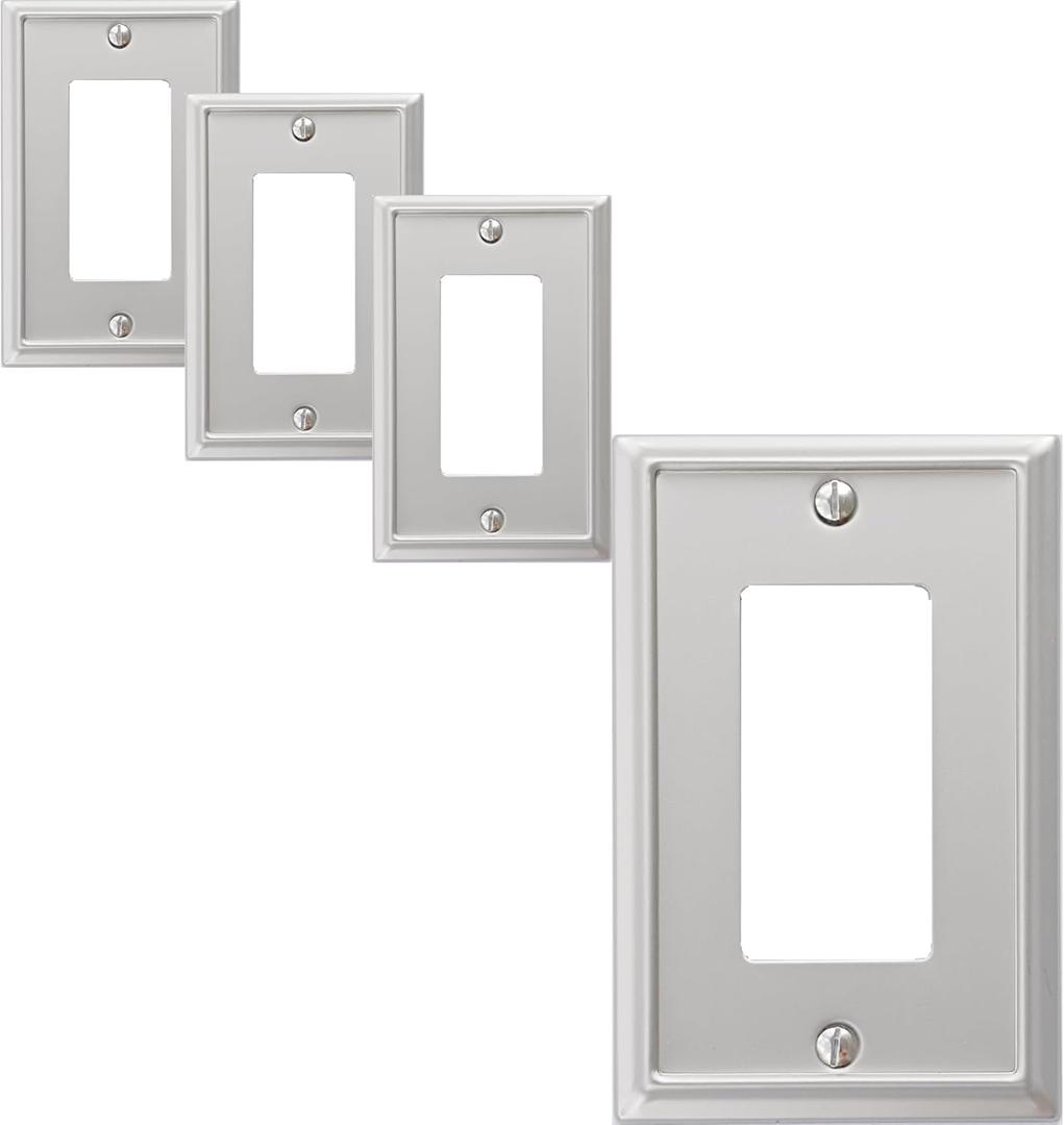 OKAWYC Single Decorator Light Switch Cover Aria Metal Wall Plate, 4-Pack Brushed Nickel 1 Gang Single Rocker, for Receptacle Dimmer Switch GFCI Outlet, Switch Cover Decorative Wallplate, Durable