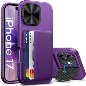 for iPhone 17 Case, Built-in Card Holder & Stand & Lens Cover, Military Grade Drop Tested Soft Silicone Edge Rugged Kickstand Protective Wallet Phone Case for iPhone 17 2025, Purple