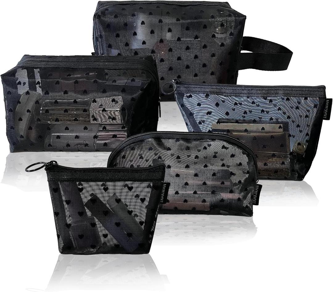5 Pieces Heart Printed Mesh Makeup Bag Set, Portable Travel Mesh Cosmetic Bags Toiletry Bags Makeup Purse Bags with Zipper Storage Pouches for Home Offices Travel Accessories (Black)