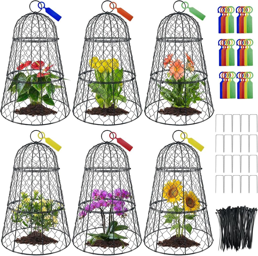 6 PCS 17.7"H X11.42"D Chicken Wire Plant Covers Protectors, Rustproof Heavy Duty Metal Plant Cage with Stakes & Labels, Modular Garden Cloches Design for Seedling Flower Vegetable Protect from Animals