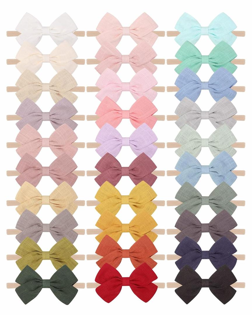 jollybows 30pcs Baby Girls Nylon Hair Bows Headbands Linen Bands Elastic Accessories for Kids Infants Newborn (3-30 PCS Solid Linen)