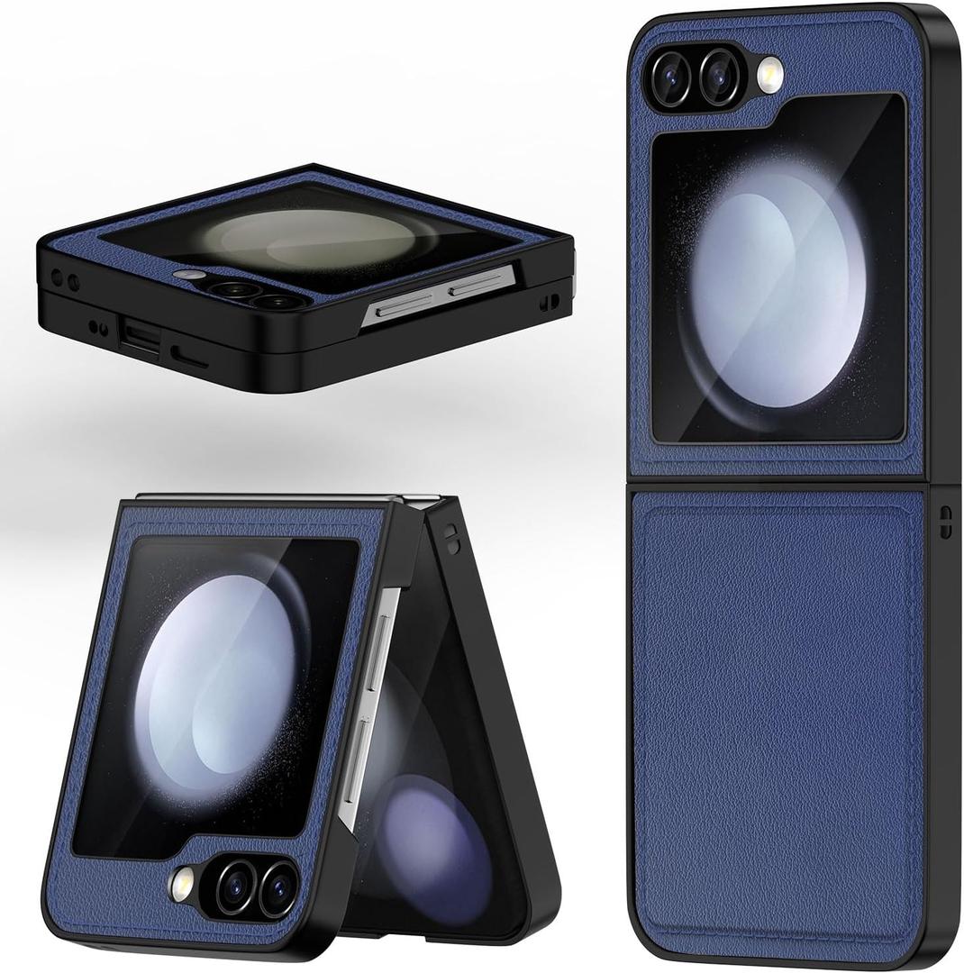 Rumwot for Samsung Z Flip 6 Case, Genuine Leather, Slim Fit-Drop and Scratch Resistant Phone Cover for Samsung Galaxy Z Flip6 Leather Case 5G 2024, Hard PC Shell Ultra - Blue