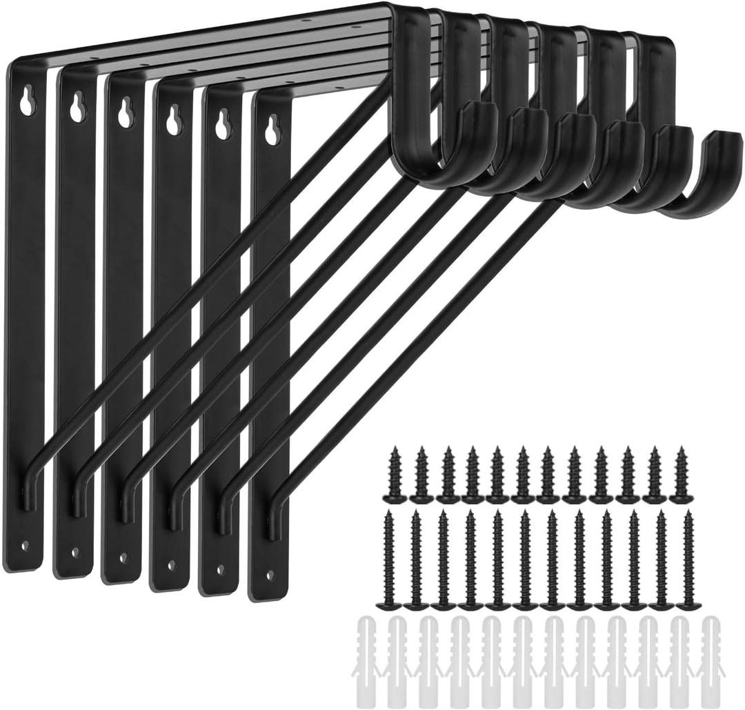 6 Pack Black Closet Rod Bracket 11 x 11 Inch, Heavy Duty Closet Shelf Brackets with Rod Shelving Support,Wall Mount Closet Rod Support Bracket with Screws,Supports 300 lbs