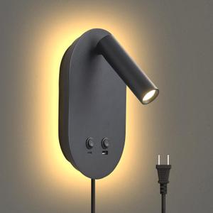 Wall Lamp Plug in Hardwired 2 in 1 Wall Sconces, Wall Mounted Reading Light with USB Type C Ports, Adjustable Bedside Headboard Spotlight, Bedside Lamp with 9W+3W Night Light 3000K (Black)