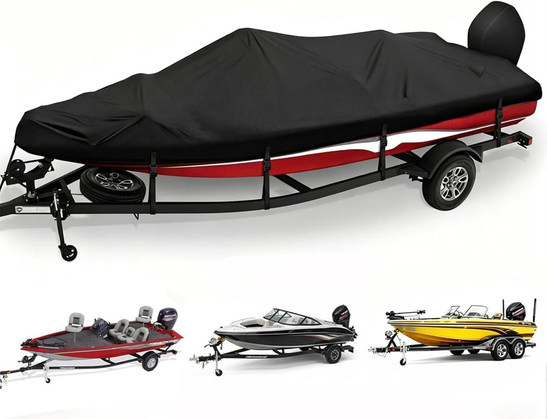 Boat Cover 16-18.5 ft, Heavy Duty 900D Waterproof V-Hull Bass Tracker Boat Cover, Trailerable 16 17 18 ft Boat Cover with Motor Cover, Black