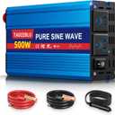500W Pure Sine Wave Power Inverter DC 24V to 110V AC Converter with LCD Display, Battery Clamps & Cigarette Lighter Plug, Car Inverter with Dual AC Outlets for Vehicles RV Truck Camping Laptop CPAP