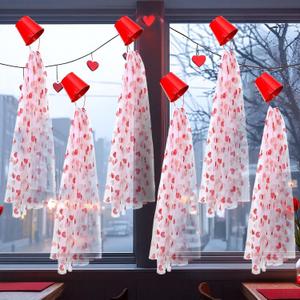 FoldTier 6 Set Valentine's Day Heart Gauze Table Runner Tulle Curtains and Buckets for Room Window 51 x 63 Inch Glitter Heart Valentines Table Runner Pink Tablecloth for Candlelight Dinner Home Decor