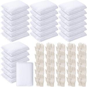 24 Set Wood Stain Applicators and Disposable Latex Gloves Microfiber Stain Sponge Pads for Wood and Oil-Based Finishes(White)