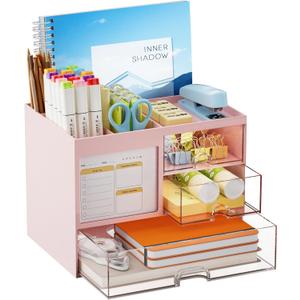 Marbrasse Desk Organizer with 3 Drawer, Multi-Functional Pencil Pen Holder for Desk, Desk Organizers and Accessories with 4 Compartments, Desktop Organizer Storage for Office Home Art Supplies (Pink)