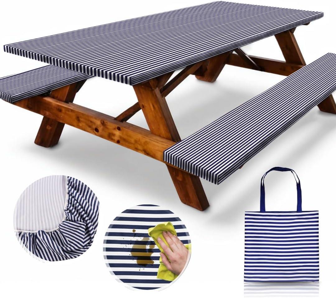 RNOONY 6ft Polyester Picnic Table Cover with Bench Covers Windproof & Waterproof Tablecloth, Perfect Camping Gifts RV Essentials, Cool Camping Gadgets, with Carrying Bag, 72x30 Inch 4Pcs,Blue Striped