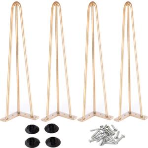 Osring 34 Inch Hairpin Table Legs with 1/2" Dia 3-Rods, Heavy Duty Metal Hairpin Furniture Leg for Coffee Table and Patio Bench, Gold Furniture Feet with Floor Protectors for Home DIY Project, 4 Pack