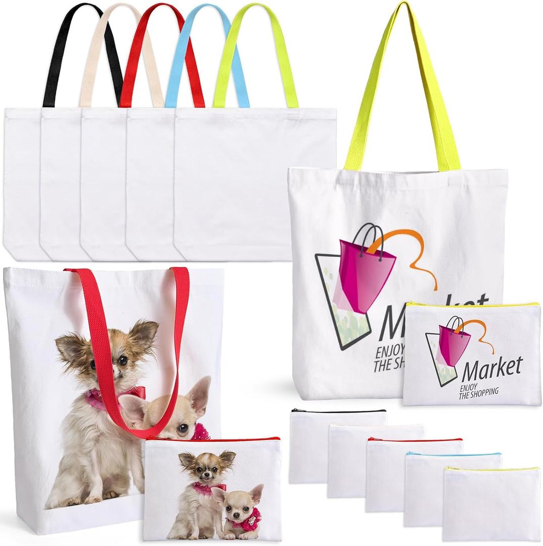 10 Pack Sublimation Blanks Canvas Tote Bags, Reusable Grocery Bags Heat Transfer Widen Tote Bags Cosmetic Makeup Bags Shopping Bag W/Customized Color for DIY, Advertising, Christmas Craft Gifts