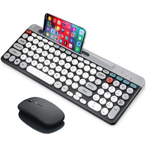 Wireless Keyboard and Mouse Combo with Phone Tablet Holder, Rechargeable Dual-Mode (Bluetooth 5.0 and 3.0 +2.4G) Multi-Device Silent Mouse for Windows, iPad, Tablet, MacOS,iOS,Android (White+Grey)