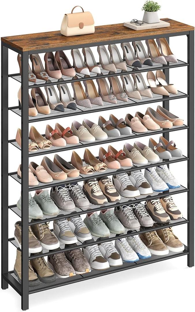 VASAGLE 8 Tier Shoe Rack, Shoe Organizer for Closet, Entryway, 32-40 Pairs of Shoes, Large Shoe Rack Organizer with 7 Metal Mesh Shelves, 11.8 x 39.4 x 59.8 Inches, Rustic Brown and Black ULBS012B01, Rustic Brown