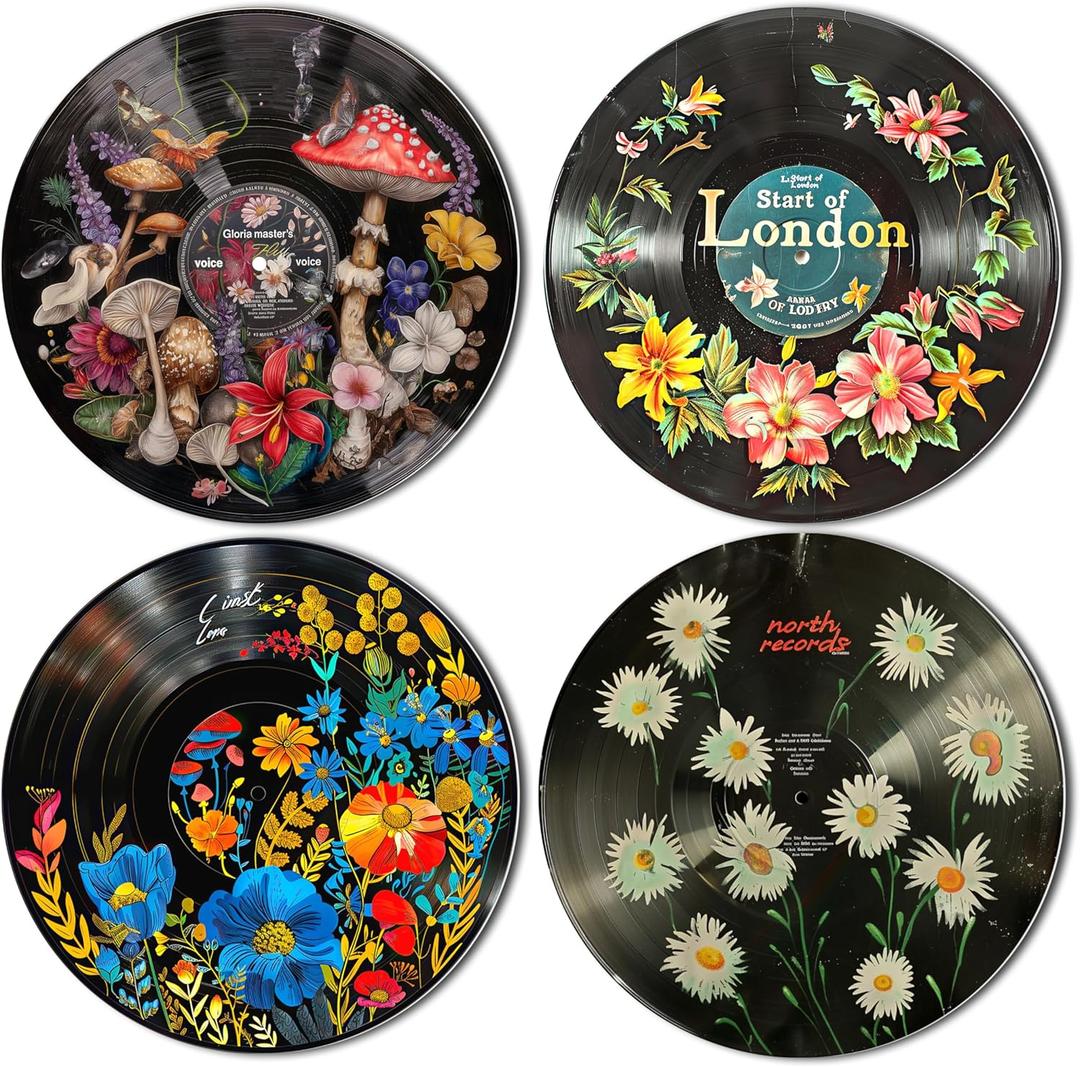 HK Studio Hippie Decor, Posters for Room Aesthetic - Botanical Wall Art, Record Decor, 4 Pcs 12"