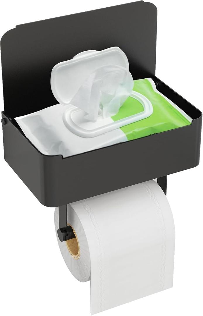 JUYSON Toilet Paper Holder with Shelf, Flushable Wipes Dispenser Fits for Bathroom Wipe Storage, Keep Your Wipes Hidden Out of Sight - SUS304 Stainless Steel Wall Mount Organizer (Matte Black)