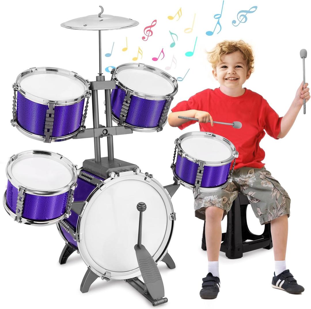 Kids Jazz Drum Set Rock Kit Toys for 3-7 Year Olds - 5 Piece Toddler Band Musical Instrument Educational Percussion Birthday Playset, Junior