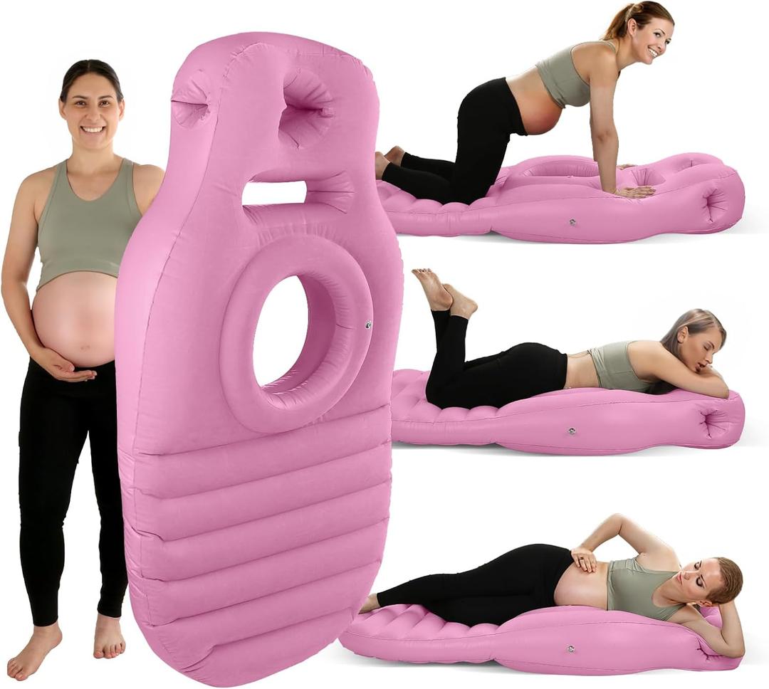 PregSpag Pregnancy Blow Up Pillow, Belly Mattress for Pregnant Women with Electric Pump, Full Body Maternity Airbed with Hole for Stomach Sleeping, Back Pain & SPD Relief, Pink