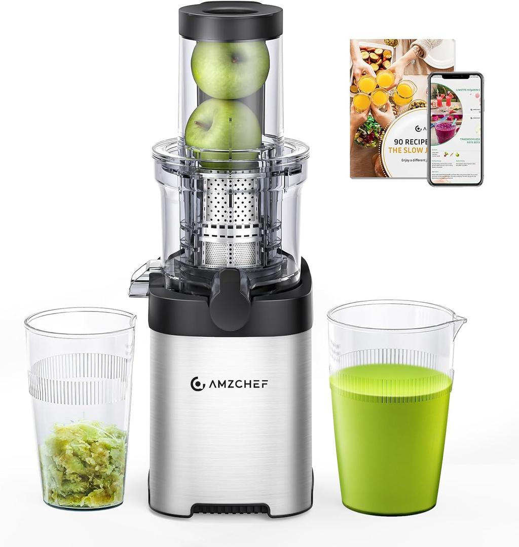 AMZCHEF Cold Press Juicer, Juicer Machines - 3.1" Large Feed Chute for Whole Fruits & Vegetables, Stainless Steel Slow Masticating Juicer Easy to Clean, Large Auger, Double Strainers, Silver (3.1-inch Feed Chute)