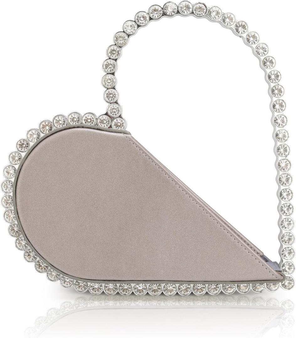 Romantic Heart Shaped Evening Bag With Bling Crystal Frame Cute Rhinestone Clutch Wedding Prom Party Purse Women Handbag Gift (Gray)