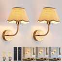 Battery Operated Gold Rattan Wall Sconces Set of Tow Rechargeable Wireless Battery Powered Large Boho Wall Lights with Grass-Woven Lampshade for Bedroom Living Room Entryway Hallway
