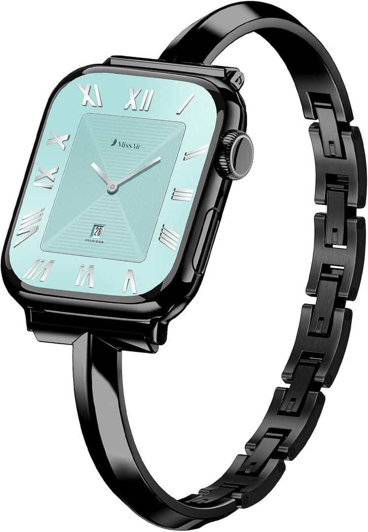 Missair Thin Band Compatible with Apple Watch 38mm 40mm 41mm 42mm 44mm 45mm 46mm 49mm for Women, Slim Bracelet Designer Dressy Stainless Steel Metal Strap for iWatch Series 10 9 8 7 6 5 4 3 SE Ultra (Black)