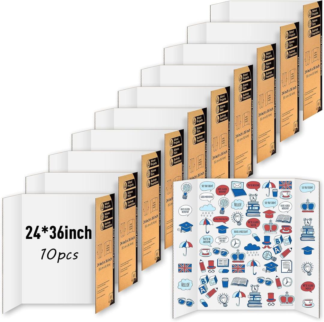 10 Pack Trifold Poster Board, IKAYAS 24" X 36" Single Sided White Tri-fold Poster Boards, Science Fair Display Boards Presentation Boards for Mounting, Art, Display, Projects Classroom Supplies
