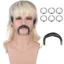 70s 80s Rocker Mullet Wig Set for Men | Dark Roots Short Blonde Wavy Wigs for Mens Halloween Cosplay Party with 6 Earrings and Mustache