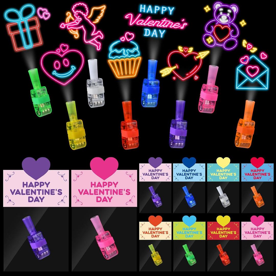 Valentines Day Gifts for Kids, 24 Packs Valentines Cards with LED Finger Lights Valentines Light Up Toys for Kids School Classroom Exchange Valentines Day Party Favors Gifts