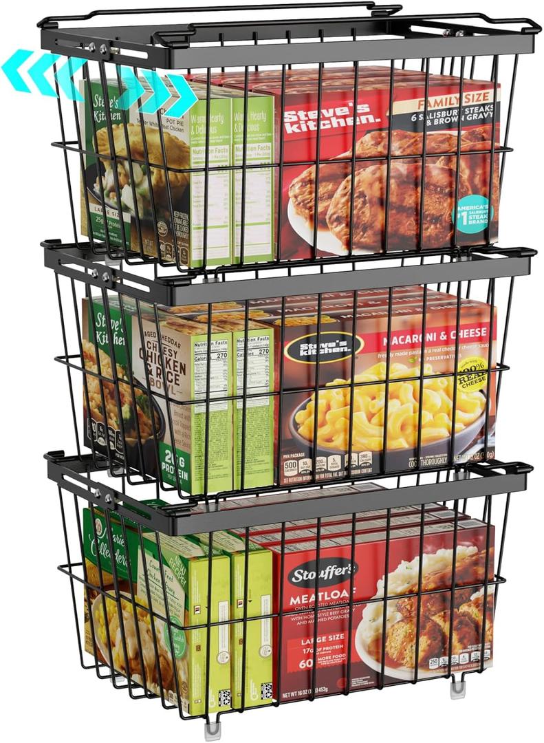 iSPECLE Freezer Organizer Bins - 3 Pack Adjustable Width for 5 to 7 Cu.Ft Chest Freezers, Stackable Freezer Wire Storage Baskets for Deep Freezer Organization, Assembly Required, Black