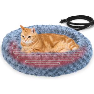 Heated Cat Beds for Indoor Cats Warming Cat Beds Super Soft Machine Washable Thermo Kitty Electric Heating Bed 19 Inches Round (Light-Grey)
