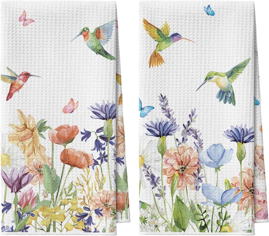 Artoid Mode Anemone Flower Hummingbird Bar Kitchen Towels, 12x24 Inch Quick Dry Microfiber Cloth Dish Towels for Kitchen Drying Set of 2 (Beige)