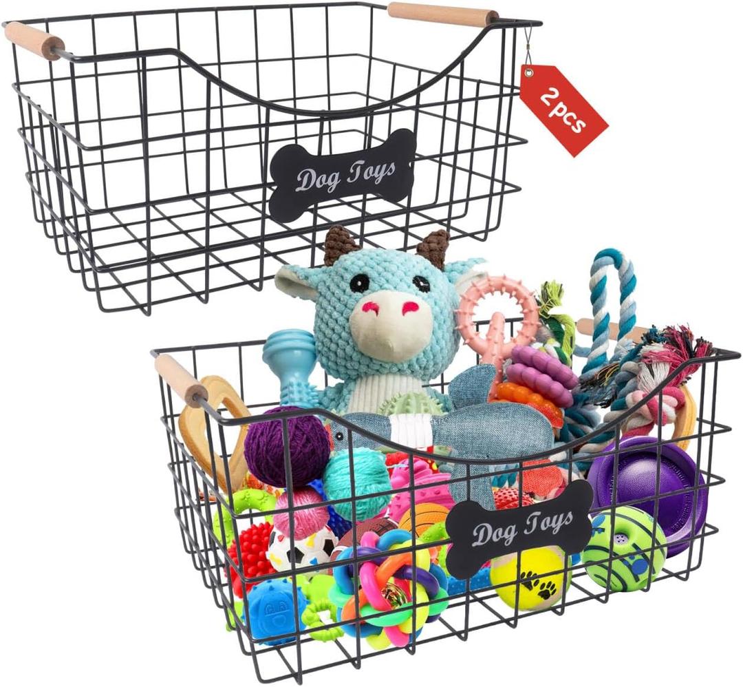 Geyecete Set of 2 Iron Wire Large Dog Toy Boxes with Wooden Handles, Black Wire Basket, Metal Basket for Pets, Organizing Dog Supplies